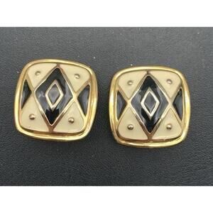 Vintage Premier Design Chunky Large Square Clip On Earrings Black & Cream Enamel
